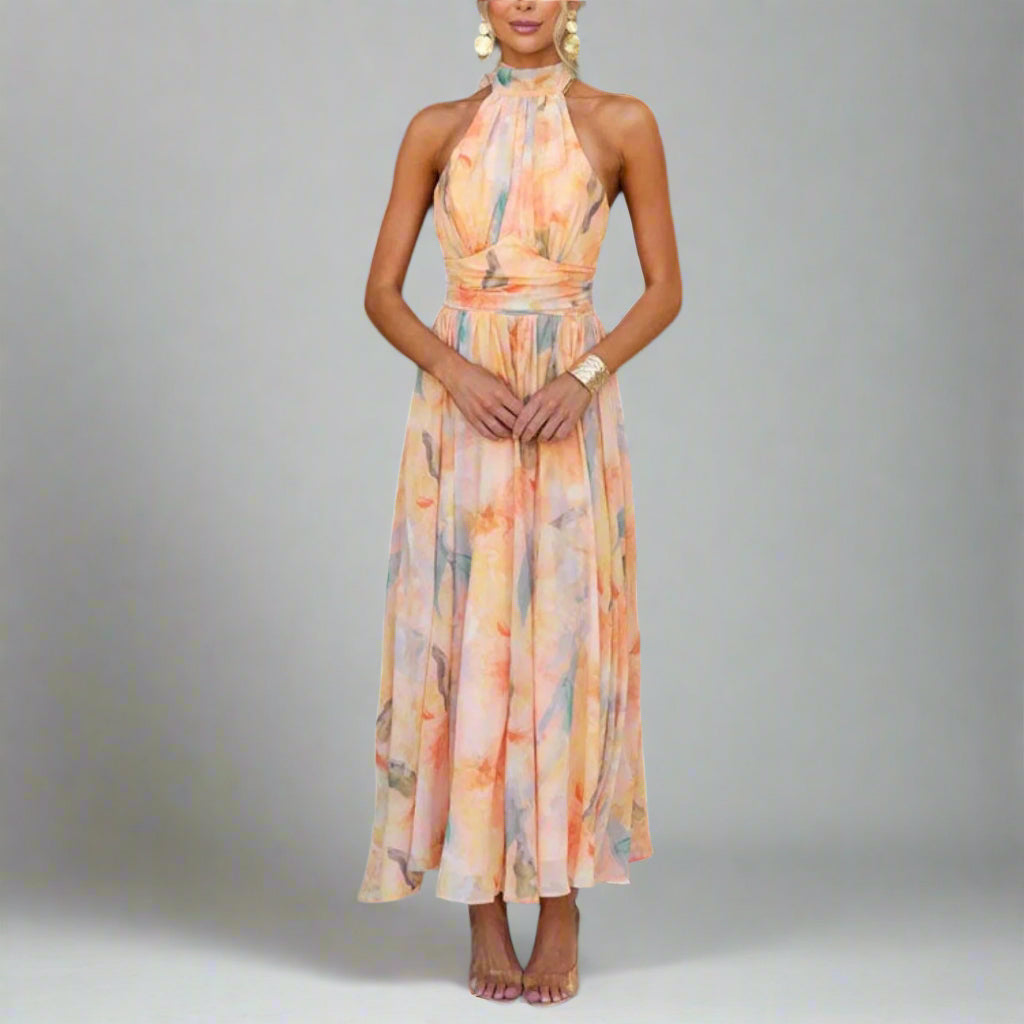 Maxi | Jurk met halternek en aquarelprint