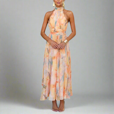 Maxi | Jurk met halternek en aquarelprint