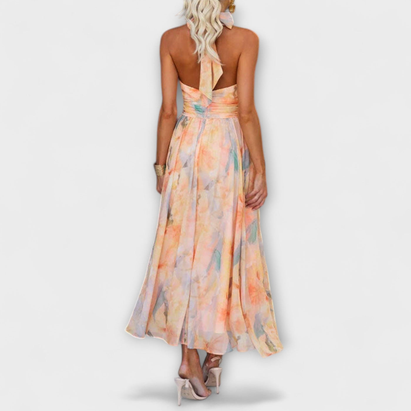 Maxi | Jurk met halternek en aquarelprint