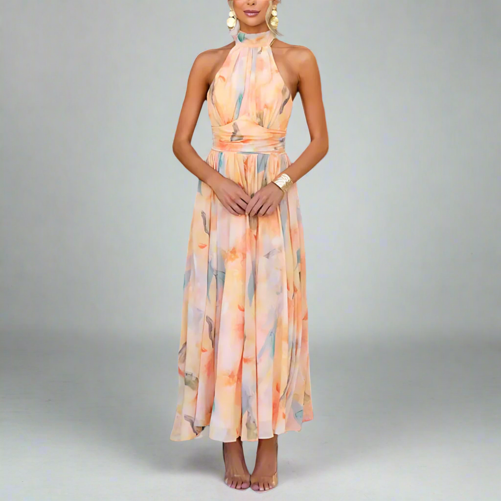 Lara | Aquarel Maxi Jurk met Halternek