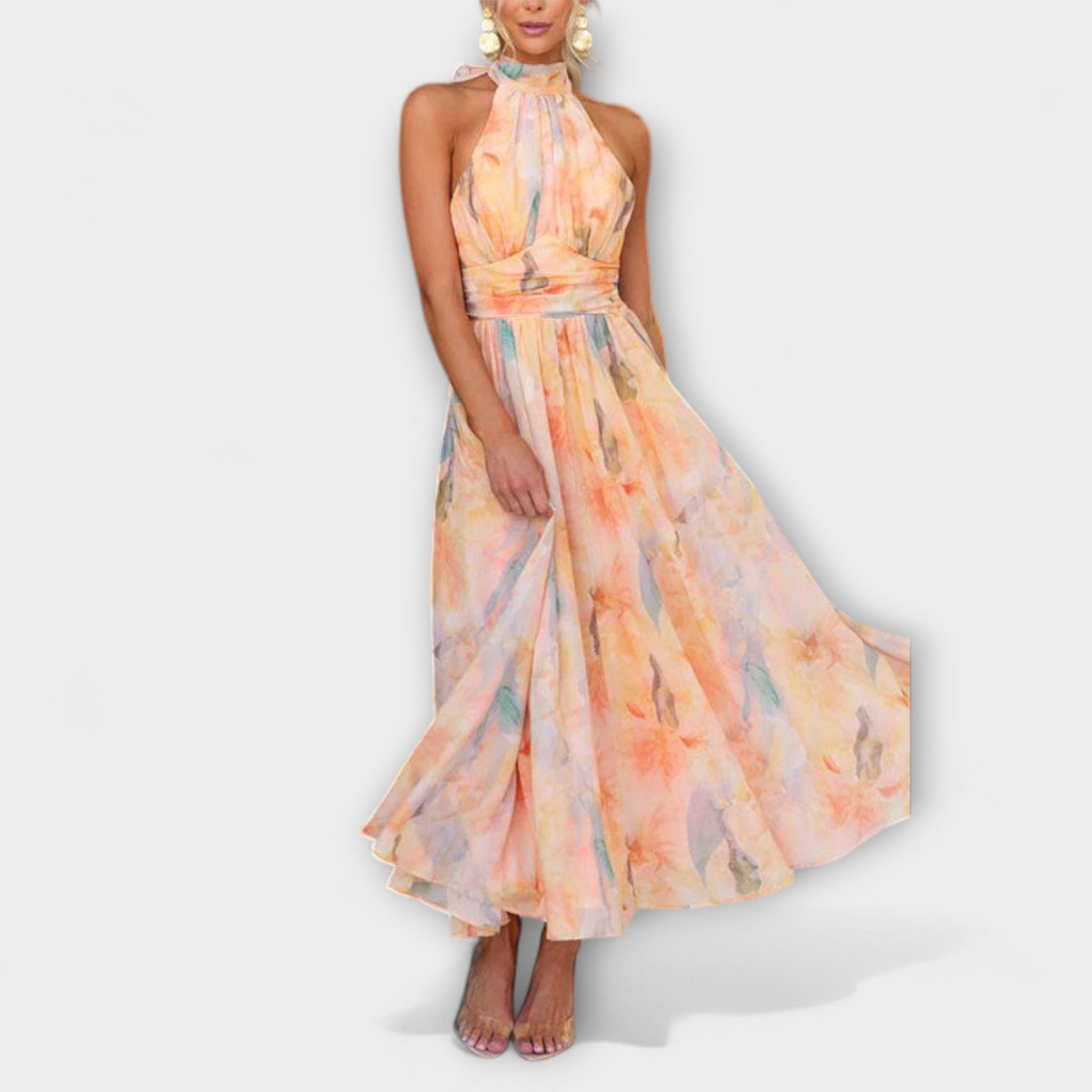 Maxi | Jurk met halternek en aquarelprint