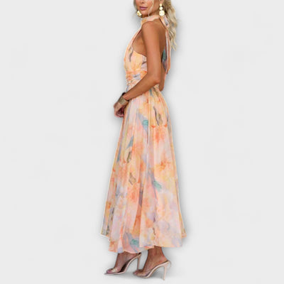 Maxi | Jurk met halternek en aquarelprint